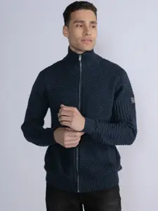 Petrol Mock Collar Full Zipper Ribbed Cardigan