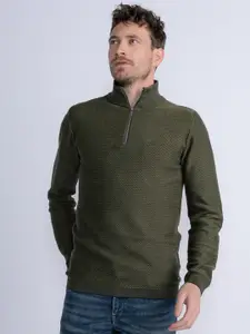 Petrol Self-Striped Mock Collar Pure Cotton Pullover