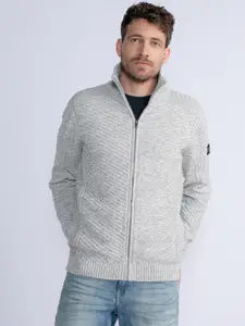 Petrol Mock Collar Self Design Cardigan