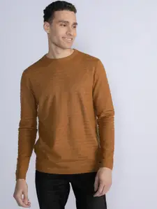 Petrol Self-Striped Round-Neck Regular Fit Pullover