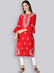 Seva Chikan Floral Embroidered Bell Sleeves Chikankari Cotton Straight Kurta