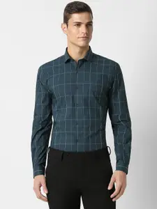 Peter England Men Green Slim Fit Windowpane Checks Opaque Checked Formal Shirt
