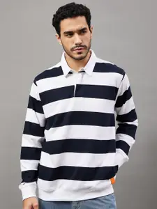 Club York Striped Shirt Collar Cotton Terry Pullover Sweatshirt