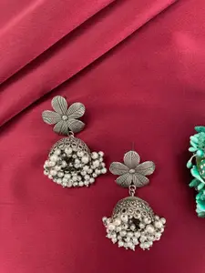 Digital Dress Room Silver--Plated Floral Oxidized Jhumkas Earrings