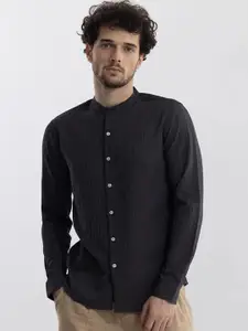 Snitch Black Self Design Band Collar Classic Slim Fit Casual Shirt
