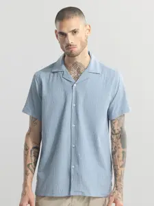 Snitch Blue Self Design Textured Cuban Collar Classic Casual Shirt