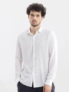 Snitch White Embroidery Classic Slim Fit Pure Cotton Casual Shirt