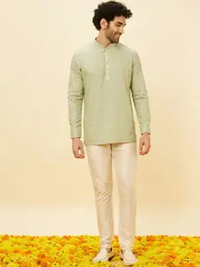 Manyavar Checked Mandarin Collar Cotton Straight Short Kurta