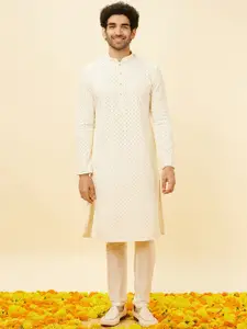 Manyavar Floral Embroidered Mandarin Collar Pastels Straight Kurta with Pyjamas