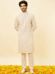 Manyavar Striped Band Collar Linen Straight Kurta