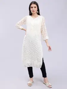 Seva Chikan Ethnic Motifs Embroidered Lucknowi Chikankari Straight Kurta With Slip
