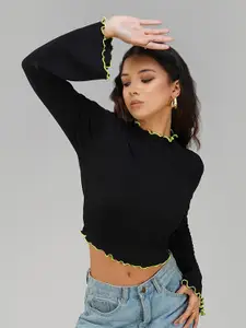 Lagashi High Neck Bell Sleeves Fitted Crop Top
