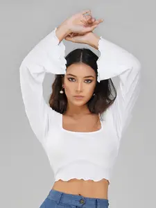 Lagashi Square Neck Bell Sleeves Fitted Crop Top
