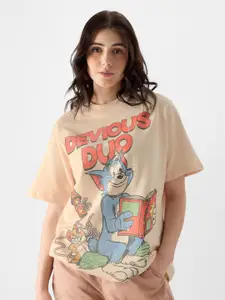 The Souled Store Off White Tom & Jerry Printed Pure Cotton Oversized T-shirt