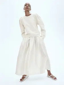 H&M Women Puff-Sleeved Pure Cotton Sweatshirt