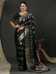 Anouk Green Ethnic Motifs Woven Design Silk Blend Banarasi Saree