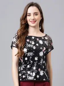 Latin Quarters Floral Embroidered Extended Sleeves Sequined Regular Top
