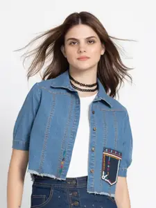 SHAYE Classic Spread Collar Puff Sleeves Denim Embroidered Casual Shirt