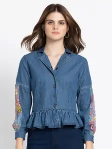SHAYE Women Blue Smart Slim Fit Denim Casual Shirt