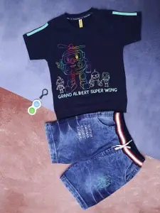 V-Mart Boys Printed Knit-Denim T-shirt With Shorts