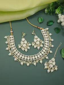I Jewels Gold-Plated Traditional Kundan Necklace With Earrings & Maang Tikka Set