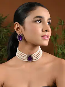 I Jewels Gold-Plated Stone Studded Pearl Choker Necklace Jewellery Set