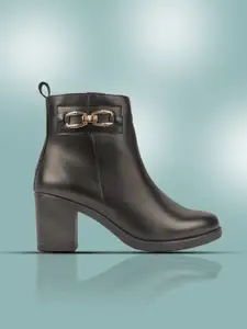 Carlton London Women Buckle Detail Block-Heeled Mid-Top Regular Boots