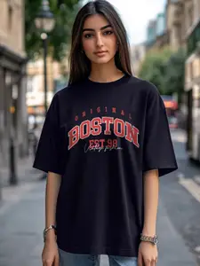 JUNEBERRY Typography Printed Pure Cotton Oversized T-shirt