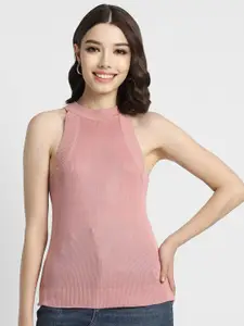 FOREVER 21 Pink Ribbed Halter Neck Fitted Top