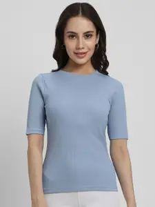 FOREVER 21 Blue Round Neck Fitted Top
