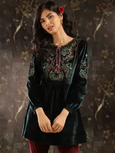 Lakshita Embroidered Thread Work  Yoke Velvet Kurti With Tassels