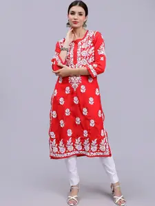 Seva Chikan Women Red Ethnic Motifs Embroidered Chikankari Handloom Kurta