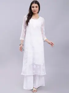 Seva Chikan Floral Embroidered Lucknowi Chikankari Straight Kurta With Slip