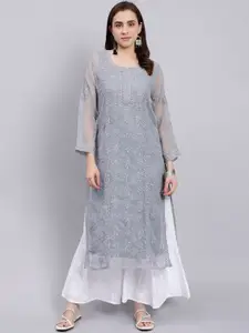 Seva Chikan Floral Embroidered Lucknowi Chikankari Straight Kurta With Slip