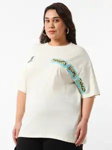 Bewakoof Plus White Typography Printed Drop-Shoulder Longline Cotton Oversized T-shirt