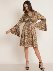 IX IMPRESSION Abstract Printed Bell Sleeve Fit and Flare Satin Dress