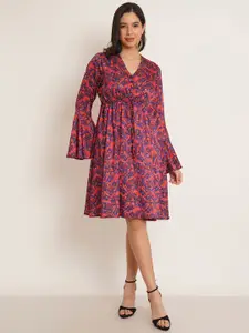 IX IMPRESSION Ethnic Motif Printed Bell Sleeve Fit and Flare Satin Dress