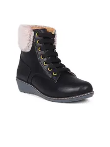The Roadster Lifestyle Co. Women Heeled Faux Fur Trim Mid-Top Chunky Boots