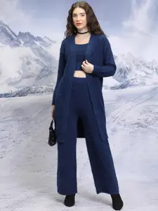 Tokyo Talkies Navy Blue Self-Design Crop Top With Trouser & Cardigan