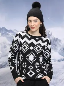 Tokyo Talkies Black Geometric Printed Acrylic Pullover Sweater
