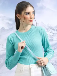 Tokyo Talkies Blue Ribbed Acrylic Pullover