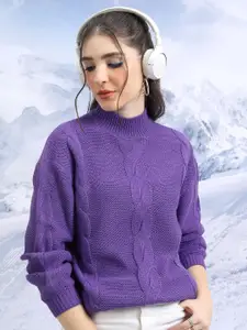Tokyo Talkies Purple Cable Knit Mock Collar Long Sleeves Acrylic Pullover Sweater