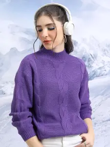Tokyo Talkies Purple Cable Knit Mock Collar Long Sleeves Acrylic Pullover Sweater