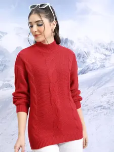 Tokyo Talkies Red Relaxed Fit Cable Knit Turtle Neck Acrylic Pullover