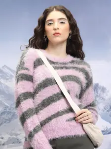 Tokyo Talkies Purple Striped Jacquard Fur Acrylic Relaxed Fit Pullover Sweater