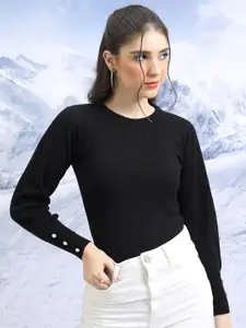 Tokyo Talkies Black Ribbed Long Sleeves Acrylic Fitted Pullover Sweater