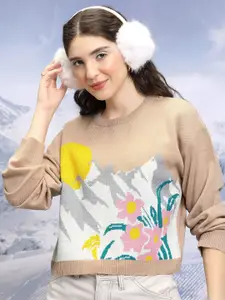 Tokyo Talkies Tan-brown Conversational Printed Jacquard Knitted Acrylic Pullover Sweater