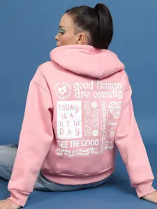 Tokyo Talkies Pink Typography Printed Hooded Pullover Relaxed Fit Sweatshirt