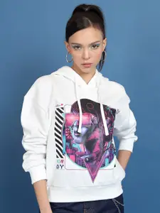 Tokyo Talkies White Graphic Printed Hooded Oversized Pullover Sweatshirt