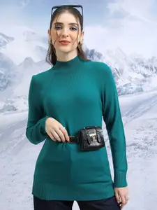Tokyo Talkies Teal High Neck Raglan Sleeves Longline Acrylic Pullover